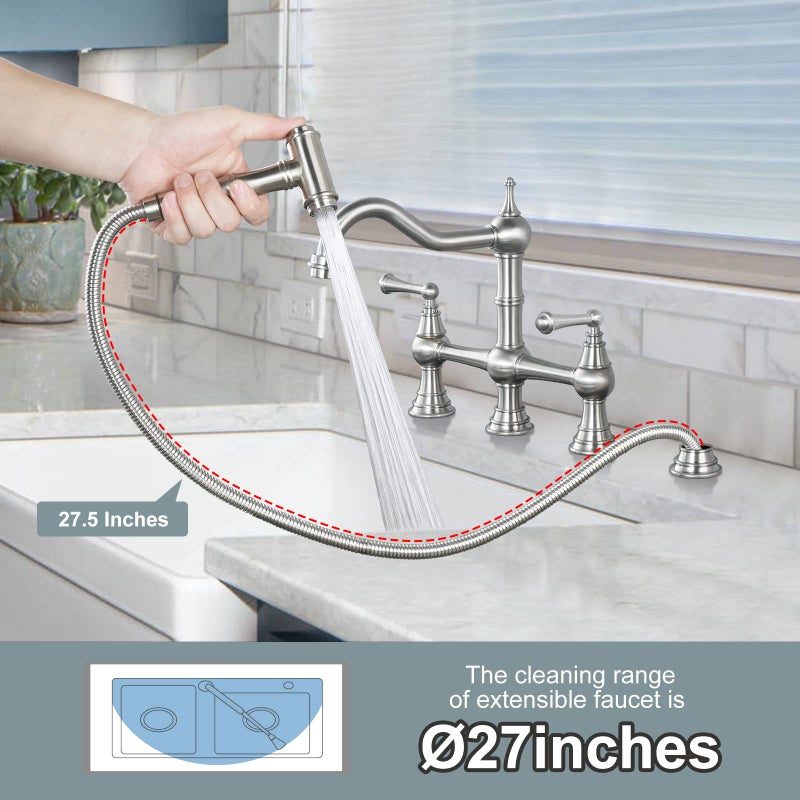 WOWOW 8 inch Centerset Bridge Kitchen Faucet with Brass Side Sprayer 2 Handles 4 Holes Antique Classic Heritage Deck-Mount Kitchen Sink Faucet, Brushed Nickel - Image 3